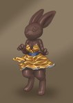 anthro barefoot breasts candy chocolate cleavage clothed clothing dessert dress feet female food front_view gold_clothing gold_dress solo standing mootsider animate_inanimate food_creature lagomorph leporid living_candy living_chocolate mammal rabbit 2024 absurd_res full-length_portrait hi_res portrait