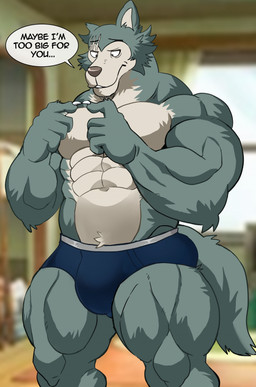 abs anthro barazoku black_eyebrows blue_clothing blue_underwear bulge cheek_tuft claws clothed clothing dialogue eyebrow_scar eyebrows facial_scar facial_tuft huge_thighs male muscular muscular_anthro muscular_arms muscular_legs muscular_male muscular_thighs scar solo speech_bubble tail text thick_thighs topless topless_anthro topless_male tuft underwear underwear_only white_claws darknaigart beastars legoshi_(beastars) canid canine canis mammal wolf 2025 digital_drawing_(artwork) digital_media_(artwork) english_description english_text hi_res