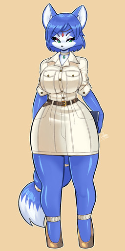 anthro belt big_breasts breasts clothing collared_dress crown dress female footwear headgear high_heels jewelry looking_aside necklace secretary shoes short_sleeves solo tan_dress thick_thighs tiara wide_hips jamoart nintendo star_fox krystal_(star_fox) canid canine fox mammal absurd_res hi_res