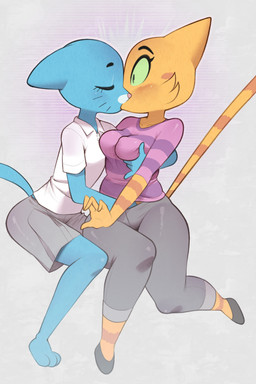 3_toes 4_fingers anthro anthro_on_anthro arms_bent barefoot bent_leg bent_legs big_breasts big_ears big_eyes big_nipples biped black_clothing black_eyebrows black_footwear black_markings black_shoes blue_body blue_ears blue_fur blue_tail blush blush_lines blushing_profusely bottomwear breast_size_difference breasts button_(fastener) clothed clothed_anthro clothed_female clothing collarbone collared_shirt curved_eyebrows dark_markings duo emanata erect_nipples erect_tail extended_arm eyebrows eyelashes eyes_closed facial_markings feet female female/female fingers flash_emanata flats_(shoes) footwear fully_clothed fully_clothed_anthro fully_clothed_female fur glistening glistening_body glistening_bottomwear glistening_clothing glistening_eyes glistening_face glistening_fur glistening_knee glistening_leg glistening_pants glistening_skirt green_eyes green_sclera grey_background grey_bottomwear grey_clothing grey_pants grey_skirt hand_in_pants hand_under_clothing head_markings holding_breast huge_nipples humanoid_hands intraspecies iris leaning leaning_forward light_blush light_body light_fur light_markings long_eyelashes long_tail looking_at_another looking_at_partner making_out markings mature_anthro mature_female medium_breasts muzzle_(marking) nipple_outline nipples orange_body orange_ears orange_fur orange_markings orange_stripes outline pants pattern_background pattern_clothing pattern_shirt pattern_t-shirt pattern_topwear pink_nose plantigrade pointy_ears prick_ears purple_clothing purple_shirt purple_t-shirt purple_topwear red_blush shirt shoes short_sleeves simple_background sitting skirt snout striped_background striped_body striped_clothing striped_face striped_fur striped_legs striped_markings striped_shirt striped_t-shirt striped_tail striped_topwear stripes surprised t-shirt tail tail_markings textured_background thick_eyebrows thick_thighs toes topwear whisker_markings white_clothing white_markings white_outline white_shirt white_topwear wide_eyed cutegraphite cartoon_network litterbox_comics the_amazing_world_of_gumball fran_(litterbox_comics) nicole_watterson domestic_cat felid feline felis mammal tabby_cat 2026 2:3 crossover digital_drawing_(artwork) digital_media_(artwork) hi_res