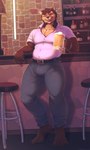 alcohol anthro bar bar_stool beer belt beverage bottle bottomwear bulge claws clothing container eyebrows furniture leaning_on_counter looking_at_viewer male neck_tuft pants shirt solo stool toe_claws topwear tuft kimmarionsa rager-ermare trini_(coldleafsoup) bear brown_bear grizzly_bear mammal ursine 3:5 hi_res