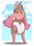 ambiguous_gender anthro brown_body brown_fur butt clean_diaper clothed clothing cloud diaper diaper_fetish fur furgonomics looking_back multicolored_body multicolored_fur pink_body pink_eyes pink_fur pink_nose sky solo standing wearing_diaper bunnykisses nintendo pokemon cherri_(bunnykisses) generation_4_pokemon lopunny pokemon_(species) shiny_pokemon 2019 3:4 absurd_res hi_res