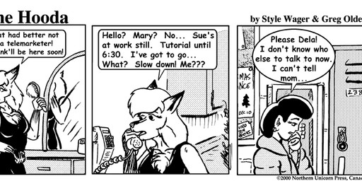 anthro breasts brush clothed clothed_female clothing coat comb_(brush) dialogue dress duo electronics female fur gloves_(marking) greeting hair hairbrush locker markings pay_phone phone text topwear young young_female young_human style_wager dela_the_hooda dela_aldershaw mary_chan canid canine fox hooda human mammal 2000 comic english_text greyscale monochrome