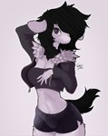 anthro black_hair bottomwear clothing female fluffy_coat fur fur_markings hair markings pose short_ears short_tail shorts solo tail wabbitears bovid caprine mammal sheep hi_res