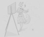 antennae_(anatomy) anthro barefoot breasts brush clothing drawing dress duo feet female holding_brush holding_object holding_paintbrush mewmuse micro outside paintbrush painting_(object) plant size_difference smile standing tree mewmus fantastic_mr._fox mrs._felicity_fox rose_(mewmus) canid canine fairy fox mammal red_fox true_fox 2022 digital_media_(artwork) hi_res monochrome