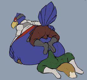 anthro balls_outline beak belly belly_on_ground belly_smother belly_squish belt big_belly blue_body blue_feathers boots bottomwear bulge butt clothed clothing detailed_bulge dipstick_tail duo erection erection_under_clothing feathers footwear fur genital_outline half-closed_eyes hand_on_belly hand_on_butt headgear huge_belly imminent_footjob jacket looking_back loose_belt male male/male markings narrowed_eyes open_bottomwear open_clothing open_pants orange_body orange_fur pants pilot_uniform shirt shoes smile squish tail tail_markings tan_body tan_fur topwear saphiros nintendo star_fox falco_lombardi fox_mccloud avian bird canid canine fox mammal 2020 hi_res