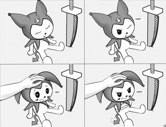 4_panel_comic angry anthro blush crossed_arms dialogue duo eep eyebrows eyes_closed female frown frowning_at_viewer headpat looking_at_viewer male melee_weapon one_eye_closed petting raised_eyebrows resting sitting spade_tail speech_bubble surprised sword tail tail_wiggle weapon t-55dasha onegai_my_melody sanrio kuromi demon lagomorph leporid mammal rabbit black_and_white comic hi_res monochrome screentone