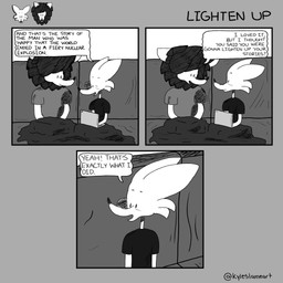 3_panel_comic anthro bedding blanket computer dialogue duo electronics furniture laptop laptop_on_lap male male/male sofa speech_bubble text kyleslameart canid canine canis felid lion mammal pantherine wolf 1:1 absurd_res comic english_text hi_res monochrome