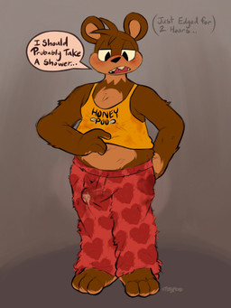 anthro belly belly_rub belly_squish blush bodily_fluids brown_body brown_fur butt clothing cum cum_in_clothing dialogue edging edging_timer fur genital_fluids genitals leaking_through_clothing male overweight overweight_anthro overweight_male pajamas sharp_teeth simple_background solo speech_bubble squish sweat sweaty_butt sweaty_genitalia teeth text toony pipsy_mouse archie_the_bear bear mammal 3:4 english_text