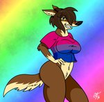 anthro big_butt blue_eyes breasts brown_body brown_fur butt clothed clothing female fur hair half-closed_eyes looking_at_viewer narrowed_eyes nipples pose simple_background smile solo thick_thighs yellow_sclera unclescooter lucy_lupa canid canine canis mammal wolf digital_media_(artwork) pinup