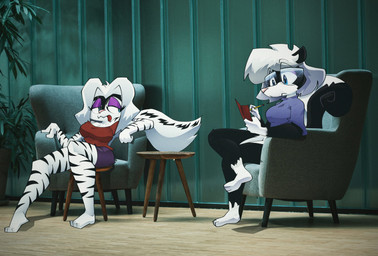 3_toes anthro big_breasts black_body black_fur black_tail blue_eyes bottomless bottomwear breasts chair cleavage clothed clothing crossed_legs duo eyebrows eyeshadow eyewear feet female fur furniture glasses gloves_(marking) hair half-closed_eyes holding_object inside leg_markings long_hair makeup markings multicolored_body narrowed_eyes on_chair open_mouth shorts sitting socks_(marking) striped_body striped_fur stripes table tail toes topwear two_tone_body two_tone_tail white_body white_fur white_hair white_tail writing_utensil hifrogeno sabrina_online sabrina_(sabrina_online) zig_zag felid hybrid mammal mephitid pantherine skunk tiger absurd_res hi_res