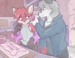 anthro armwear birthday_cake cake clothing cooking dessert detached_sleeves detailed_background duo eyewear female fluffy fluffy_tail food fully_clothed_anthro fully_clothed_female fully_clothed_male glasses icing icing_bag kitchen male smile tail gavbat canid canine canis fox mammal wolf colored