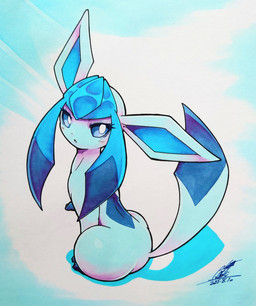 ambiguous_gender blue_body blue_eyes blush blush_lines butt eyelashes feral looking_back open_mouth paws simple_background sitting solo tail 025aki nintendo pokemon eeveelution generation_4_pokemon glaceon pokemon_(species) 2025 absurd_res dated hi_res signature