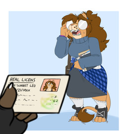 after_transformation anthro armor book bottomwear braces breasts brown_hair clothing disembodied_hand duo eyewear female footwear glasses hair holding_book holding_object nerdification open_mouth round_glasses shoes skirt sweater tail text topwear robertge sunnet felid lion mammal pantherine 2025 digital_media_(artwork) english_text hi_res
