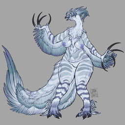 anthro big_breasts biped breasts claws curvy_figure feathers featureless_crotch female front_view grey_background huge_hips huge_thighs navel nipples non-mammal_breasts non-mammal_navel non-mammal_nipples prehistoric simple_background solo standing tail thick_thighs white_body white_feathers wide_hips cryptid_jhin dinosaur feathered_dinosaur feathered_scalie prehistoric_species reptile saurischian scalie therizinosaurid therizinosaurus theropod 1:1 hi_res