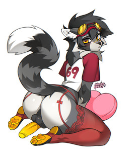 4_toes anthro balls black_body black_countershading blush butt clothed clothing countershade_balls countershade_body countershade_butt countershade_face countershade_feet countershade_genitalia countershading dipstick_ears dipstick_tail ear_markings erection eyewear feet femboy fur garter_belt garter_straps genitals glans goggles heart_pillow humanoid_genitalia humanoid_penis legwear lingerie looking_at_viewer looking_back looking_back_at_viewer male markings multicolored_ears nude penis pillow plantigrade presenting presenting_hindquarters raised_tail rear_view scar shirt simple_background smile solo stirrup_legwear stirrup_stockings stockings t-shirt tail tail_markings text thick_thighs thigh_highs toes topwear white_background white_body white_countershading white_ear_tips white_tail_tip wide_hips yellow_eyewear yellow_goggles yellow_scar yellow_soles mohnot shanukk mammal procyonid raccoon artist_name digital_media_(artwork) hi_res shaded