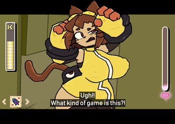 1_eye 4_fingers ambiguous_gender anthro areola_outline arm_armor armor bangs big_breasts black_body black_nose breasts brown_body brown_eyebrows brown_hair brown_tail burgundy_eyes claws clothing club_arms crooked_whiskers dialogue dress duo eyebrows eyewear eyewear_on_head female female_symbol fingers gameplay_mechanics gauntlets gender_symbol gloves goggles goggles_on_head gui hair handwear health_bar heart_symbol legwear looking_at_another lust_meter male/female_symbol male_symbol meter nipple_outline one_fang open_mouth raised_arms red_clothing red_eyes red_gloves red_handwear restrained restrained_arms restrained_by_tentacles sexuality_symbol short_dress short_hair sleeveless_clothing sleeveless_dress symbol tail talking_to_self tentacles text thick_thighs thigh_highs topwear torn_clothing triangle_nose user_interface whiskers wide_hips yellow_clothing yellow_gauntlets yellow_sclera yellow_topwear nemusothoth gameoverse glitch_productions kit_bodega domestic_cat felid feline felis mammal tentacle_creature 2026 digital_media_(artwork) english_text hi_res pixel_(artwork) portrait subtitled three-quarter_portrait