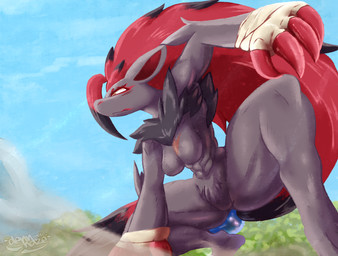 abs anthro bandage biceps breasts claws day female fur hair long_hair low-angle_view muscular muscular_anthro muscular_female pecs pubes red_hair scar sky solo thick_thighs dennhaze nintendo pokemon generation_5_pokemon mammal pokemon_(species) zoroark absurd_res digital_media_(artwork) hi_res