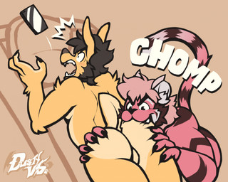 anthro balls bite black_hair black_stripes butt_bite duo facial_hair fur genitals hair half-closed_eyes male narrowed_eyes pink_body pink_fur pink_hair sideburns smile smirk smug smug_face striped_body striped_fur stripes tan_body tan_fur wide_eyed yellow_body yellow_fur dustythebat gravy_(gravymakes) nao_o'connor bird_dog canid canine canis domestic_dog felid golden_retriever hunting_dog mammal pantherine retriever tiger hi_res