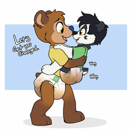 anthro black_body black_fur black_hair blue_nose brown_body brown_fur carrying_another carrying_baby clothed clothing dialogue diaper duo eye_contact facial_markings feces fur green_clothing green_shirt green_topwear hair head_markings looking_at_another male markings multicolored_body multicolored_fur neonate nuzzling open_mouth open_smile orange_eyes pantsless sagging_diaper shirt short_tail side_view smile soiled_diaper tail tail_motion tailwag text toddler tongue topwear two_tone_body two_tone_fur unclean_diaper used_diaper walking white_body white_fur yellow_clothing yellow_eyes yellow_shirt yellow_topwear young baltnwolf bear giant_panda mammal 1:1 english_text hi_res