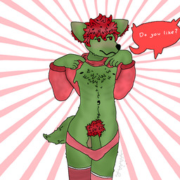 anthro blush clothed clothing clothing_lift dialogue_box fluffy fluffy_hair fluffy_tail food fruit genitals green_body hair male melon panties panties_down partially_clothed plant pubes red_eyes red_hair simple_background solo speech_bubble standing tail underwear underwear_down vamp watermelon canid canine mammal 1:1