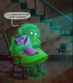 apron bodily_fluids boots chair clothing comforting crying dress duo elderly electronics emotional eyes_closed eyewear female fingers footwear fur furniture glasses green_body hug landline_phone male paws phone pink_body purple_body purple_fur rocking_chair rotary_phone sad shoes sitting smile stairs table tears teeth text thedoodlelad cartoon_network courage_the_cowardly_dog courage_the_cowardly_dog_(character) muriel_bagge canid canine canis domestic_dog ghost human mammal spirit english_text hi_res in_memoriam