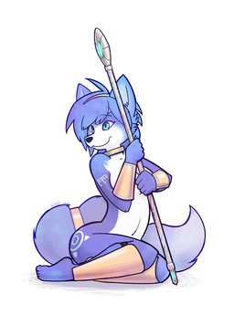 anthro biped black_nose blue_body blue_eyes blue_fur blue_hair breasts clothed clothing female fur hair krystal's_staff melee_weapon mostly_nude polearm simple_background sitting smile solo staff tail topless topless_female weapon white_background white_body white_fur zigstripes nintendo star_fox krystal_(star_fox) canid canine fox mammal 2012 hi_res