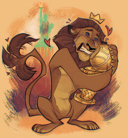 anthro award black_nose bodily_fluids brown_hair feral fur gold_crown hair heart_symbol holding_award holding_object holding_trophy male orange_body orange_fur statue_of_liberty tail tail_motion tail_tuft tailwag tears trophy tuft southpauz dreamworks madagascar_(series) alex_(madagascar) felid lion mammal pantherine hi_res