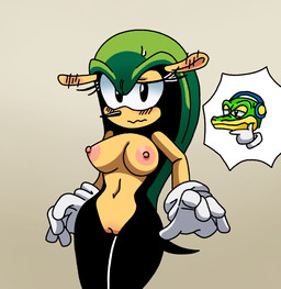 areola black_body blush blush_lines bodily_fluids breasts clothing duo electronics eyelashes female genitals gloves green_body handwear headphones male male/female nipples nude nude_female sweat vulva bannerniceman archie_comics sega sonic_the_hedgehog_(archie) sonic_the_hedgehog_(comics) sonic_the_hedgehog_(series) green_armadillo_girl_(archie_knuckles) vector_the_crocodile armadillo mammal xenarthran hi_res