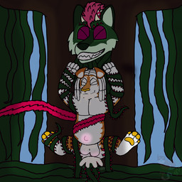abdominal_bulge anthro balls bodily_fluids character_faeweed character_solflora cum cum_in_ass cum_in_mouth cum_inside cumshot duo ejaculation forest forest_background genital_fluids genitals male male/male markings plant pregnant pregnant_male stripes tree vines thepuppychimera bird_dog canid canine canis chimera domestic_dog felid hunting_dog husky hybrid labrador lion mammal nordic_sled_dog pantherine retriever spitz tiger wolf 1:1