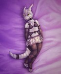 anthro clothed clothing female horn legwear lingerie looking_at_viewer pillow simple_background solo text_on_pillow yes-no_pillow yes_pillow drunkcat urza_(the7thprimarch) kobold scalie 5:6 hi_res meme