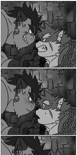 angry anthro anthro_on_anthro blush bodily_fluids border bound chain chained dripping duo empty_eyes eye_contact french_kissing hypnosis kissing looking_at_another male male/male mind_control prisoner saliva saliva_drip sweat white_border conditional_dnp erobos lifewonders tokyo_afterschool_summoners moritaka_(tas) canid canine canis domestic_dog felid feline mammal absurd_res hi_res monochrome