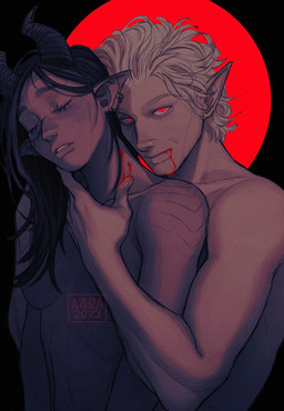 bite_mark bite_mark_on_neck black_hair black_horn blood blood_from_mouth blood_in_mouth bodily_fluids duo ear_piercing ear_ring eyelashes fanged_bite_mark fanged_bite_mark_on_neck female hair horn looking_at_viewer male mouth_closed narrowed_eyes not_furry nude piercing red_eyes ring_piercing simple_background text white_hair azuza horned_humanoid humanoid vampire 2023 artist_name dated hi_res