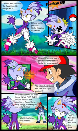 angry anthro black_eyes black_hair clothing dialogue duo exclamation_point female footwear fur grass hair half-closed_eyes hat headgear headwear high_heels interrobang narrowed_eyes plant pokeball ponytail purple_body purple_clothing purple_fur question_mark shoes smile standard_pokeball tail text walking yellow_eyes satsunami nintendo pokemon sega sonic_the_hedgehog_(series) ash_ketchum blaze_the_cat pokemon_trainer domestic_cat felid feline felis human mammal comic comic_sans crossover distracting_watermark english_text watermark