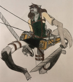 anthro belt_buckle belt_harness blade bottomwear brown_body brown_hair brown_nose buckle cable clothing fighting_pose gas_cylinder grappling_hook hair heterochromia kilt melee_weapon omni-directional_mobility_gear pose shirt simple_background snarling spats sword t-shirt topwear turbine vest weapon white_bottomwear white_clothing dylanaildon_no_2 attack_on_titan twokinds natani canid canine canis keidran mammal wolf absurd_res hi_res superabsurd_res traditional_media_(artwork) trans_(lore) trans_man_(lore)