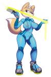 2:3 anthro breasts camel_toe canid canine clothed clothing cosplay crossgender crossover crossover_cosplay female fox fox_mccloud mammal metroid mtf_crossgender navel nintendo solo source_request star_fox stickypad weapon zero_suit zerosuit_fox