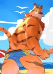 anthro bulge clothing dessert food fur holding_food holding_ice_cream holding_ice_cream_cone holding_object ice_cream ice_cream_cone looking_at_viewer looking_back male mascot rear_view sand sea sky solo striped_body striped_fur stripes summer swimwear tail water yuuko891 frosted_flakes kellogg's tony_the_tiger felid mammal pantherine tiger 2023 absurd_res hi_res