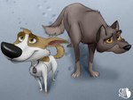 black_nose duo female feral jewelry looking_up male necklace smile snow 4catberry balto_(series) space_dogs universal_studios balto belka canid canine canis domestic_dog hybrid mammal wolf wolfdog crossover