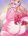 anthro big_breasts big_butt blonde_hair blue_eyes breasts butt eyebrows female fingers fur hair highlights_(coloring) huge_breasts huge_butt long_hair looking_at_viewer looking_back multicolored_body multicolored_fur narrowed_eyes nude overweight overweight_anthro overweight_female pink_body pink_fur pink_highlights solo standing striped_body striped_fur stripes thick_thighs white_body white_fur tweedabop marzipan_(spottedtigress) felid mammal pantherine tiger 2022 absurd_res artist_name dated half-length_portrait hi_res portrait