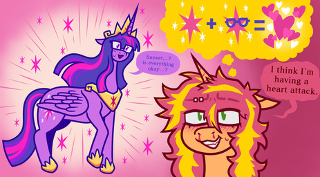 blood blush bodily_fluids crown crush duo eyebrow_piercing eyewear facial_piercing female feral glasses headgear hooves horn nerd nervous nosebleed piercing raised_hoof simple_background sparkles text wings dapper_lil_arts equestria_girls friendship_is_magic hasbro my_little_pony mythology queen_twilight_(mlp) sunset_shimmer_(eg) twilight_sparkle_(mlp) equid equine mammal mythological_creature mythological_equine unicorn winged_unicorn english_text