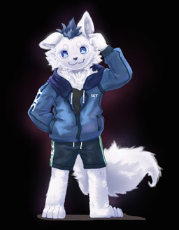 4_toes :3 anthro barefoot biped black_bottomwear black_clothing black_shirt black_shorts black_topwear blue_clothing blue_eyes blue_hair blue_hoodie blue_topwear bottomwear claws closed_smile clothed clothed_anthro clothed_male clothing eyebrows feet finger_claws fluffy fluffy_tail front_view fully_clothed fully_clothed_anthro fully_clothed_male fur green_bottomwear green_clothing green_shorts hair hand_in_pocket hoodie inner_ear_fluff looking_at_viewer male monotone_body monotone_fur mouth_closed plantigrade pockets pupils raised_arm shirt shorts smile smiling_at_viewer solo standing tail text text_on_bottomwear text_on_clothing text_on_hoodie text_on_shorts text_on_topwear toes topwear tuft white_body white_claws white_eyebrows white_fur white_inner_ear_fluff white_pupils white_sclera kuromonsart canid mammal 2021 absurd_res artist_name colored dated digital_drawing_(artwork) digital_media_(artwork) english_text full-length_portrait hi_res portrait