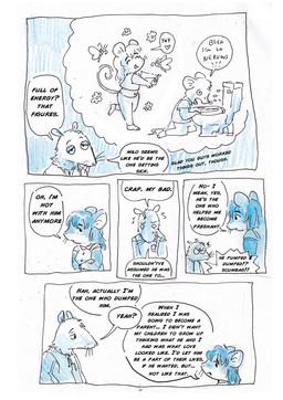 anthro biped clothed clothing dialogue dizzy duo female fur hair male male/female simple_background speech_bubble tail text toilet bedupolker mariella_mazatzal rusty_reavis cricetid deer_mouse mammal mouse murid murine rodent comic english_text hi_res trans_(lore) trans_man_(lore)