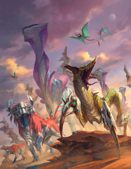 ambiguous_gender armor claws cloud cybernetics day dutch_angle feral flying group headgear helmet horn looking_up machine oepn_mouth outside quadruped red_body tongue tongue_out lie_setiawan numenera cyborg felid mammal scalie species_request 2018 hi_res official_art