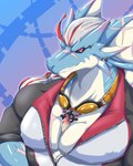 anthro black_sclera hair male muscular muscular_anthro muscular_male pecs red_eyes smile solo white_hair ryuukikeito lifewonders live_a_hero mythology hydoor dragon mythological_creature mythological_scalie scalie 4:5