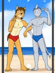 anthro beach blue_clothing blue_speedo blue_swimwear bulge camera_view cellphone clothed clothing duo electronics entwined_arms gesture hand_gesture male male/male navel nipples outside phone pose sea seaside speedo speedo_only swimwear swimwear_only topless v_sign water fuze texnatsu ian_dela_cruz mond_reyes canid canine canis coyote fish mammal marine shark 3:4 hi_res