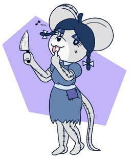 anthro big_ears blue_eyes blue_hair bodily_fluids bow_tie braided_hair breasts clothed clothing collar eyelashes eyeshadow female finger_fetish finger_lick finger_play fingers fur grey_body grey_skin hair heart_nose heart_symbol holding_object knife licking looking_at_viewer makeup messy_clothing musical_note musical_symbol patch_(fabric) pigtails plushie simple_background smile solo stitch_(sewing) symbol tail tongue chipepper_(artist) annie_(el_senor_erizo) animate_inanimate living_plushie mammal mouse murid murine rodent digital_media_(artwork)