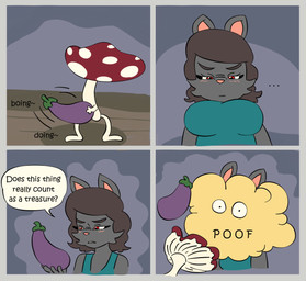 ambiguous_gender anthro big_breasts black_eyebrows black_hair blush blush_lines breasts clothing cloud dialogue duo eggplant ellipsis eyebrows eyelashes female food food_fetish fruit fungus fur grey_body grey_fur hair holding_food holding_object incredulous low-angle_view motion_lines narrowed_eyes onomatopoeia pink_nose plant red_eyes shirt sound_effects speech_bubble spores squint standing suggestive suggestive_food suggestive_pose tank_top teal_clothing teal_shirt teal_tank_top teal_topwear text topwear white_body wide_eyed worm's-eye_view bisonvega mom_bunny_(bisonvega) elemental_creature fungi_fauna lagomorph leporid mammal rabbit walking_mushroom 2025 comic english_text mother_(lore) parent_(lore)