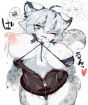 2024 anthro areola areola_slip band-aid band-aid_on_nipple bandage bikini bikini_top_removed biped blue_eyes blush blush_lines chest_tuft clothed clothing fangs felid female fur grey_body grey_hair hair jacket japanese_text kemono mammal micro_bikini motion_lines nipple_slip nipples one_eye_closed ookm open_mouth pantherine partially_visible_vulva pasties pink_areola pink_nipples simple_background snow_leopard solo swimwear teeth text topwear tuft wardrobe_malfunction white_background white_body white_fur zipper_down