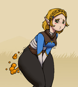 big_butt black_bottomwear black_clothing black_pants blonde_eyebrows blonde_hair blue_clothing blue_topwear blush blush_stickers bottomwear butt clothing embarrassed eyebrows fart fart_cloud female grass green_eyes hair hands_between_legs knock-kneed leaning leaning_forward looking_at_viewer motion_lines not_furry orange_fart_cloud pants plant pointy_ears shaking simple_background solo tan_background tan_body tan_skin topwear jubb breath_of_the_wild nintendo the_legend_of_zelda princess_zelda humanoid hylian 2021 signature