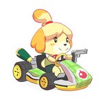 anthro arm_out cardigan featureless_feet featureless_hands feet female fur gun handgun kart pistol ranged_weapon simple_background solo vehicle weapon white_background yellow_body yellow_fur theycallhimcake animal_crossing mario_bros mario_kart nintendo isabelle_(animal_crossing) canid canine canis domestic_dog mammal shih_tzu toy_dog reaction_image